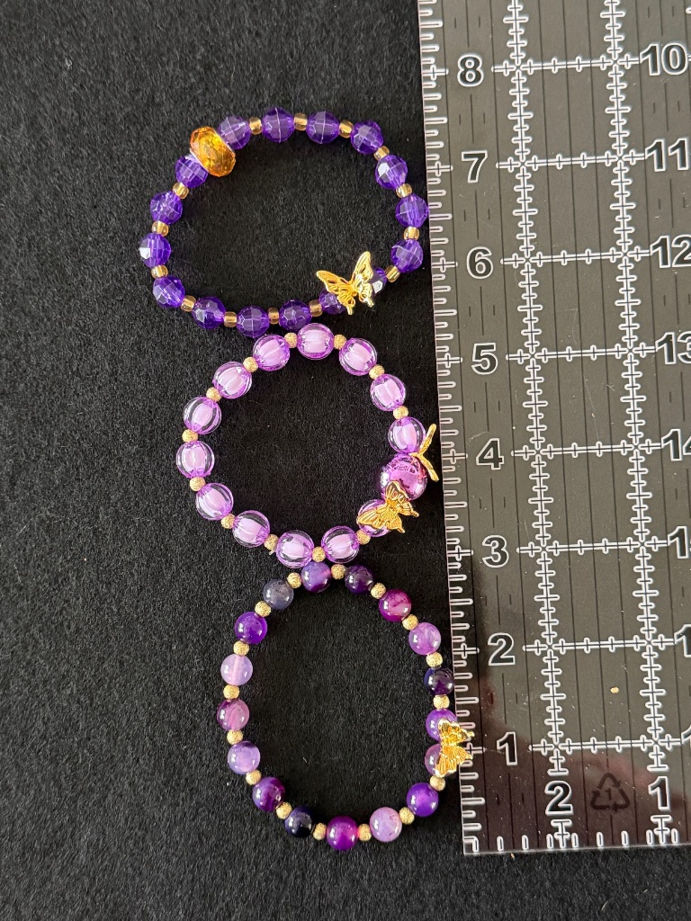 Bracelets 3 Stretch Bracelets Purple Beads, Butterfly Motif Natural Stone, Glass